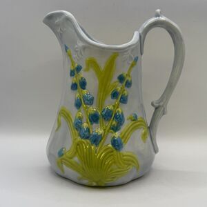 Vintage Painted Embossed Ceramic Blue Bell Pitcher 7”